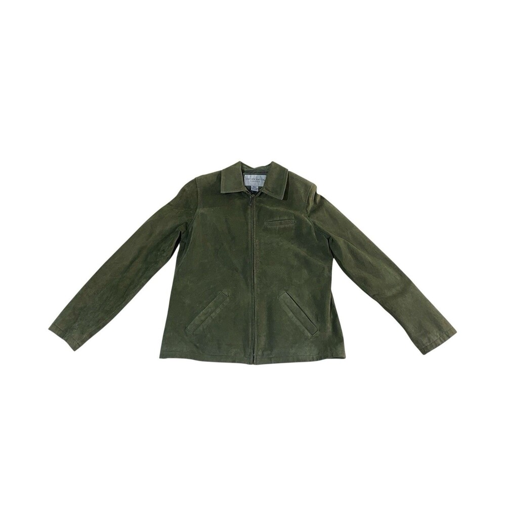 VTG Y2K 90 Jaclyn Smith Green Suede Jacket S Genuine Leather Zip Harrington Coat - Picture 2 of 9